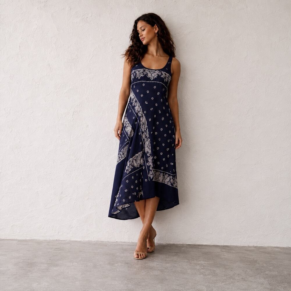 Theory Navy Silk Bandana Paisley Asymmetric Hem Midi Dress Size 4 Pockets Boho